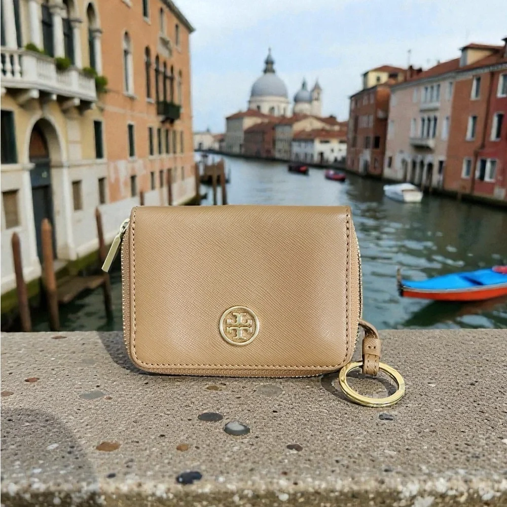 Tory Burch Key Ring Zip Around Mini Wallet Camel with Gold Logo 4 Inner Pockets